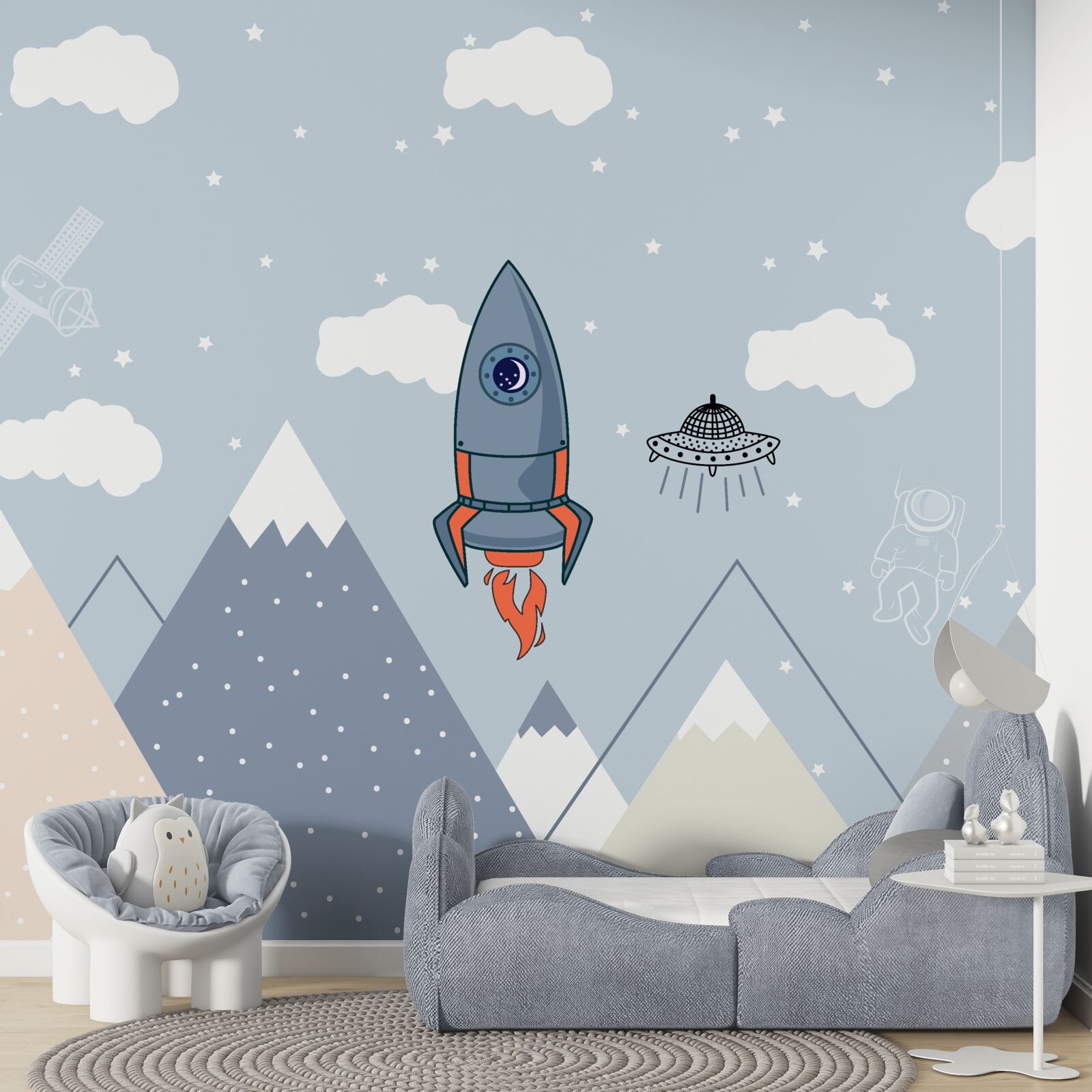 Papier peint une fusée et un ovni survolent les montagnes