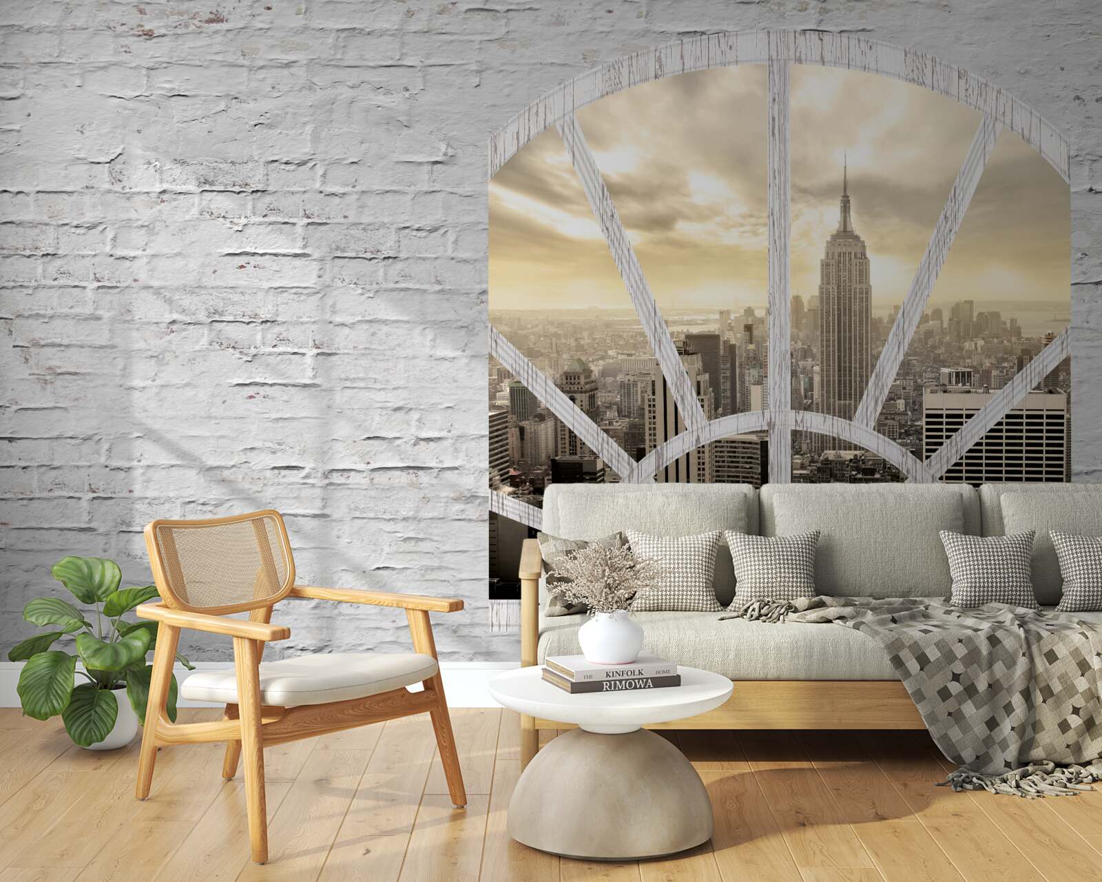 Papier peint une fenêtre panoramique dans un mur de briques offrant une vue sur la ville de new york