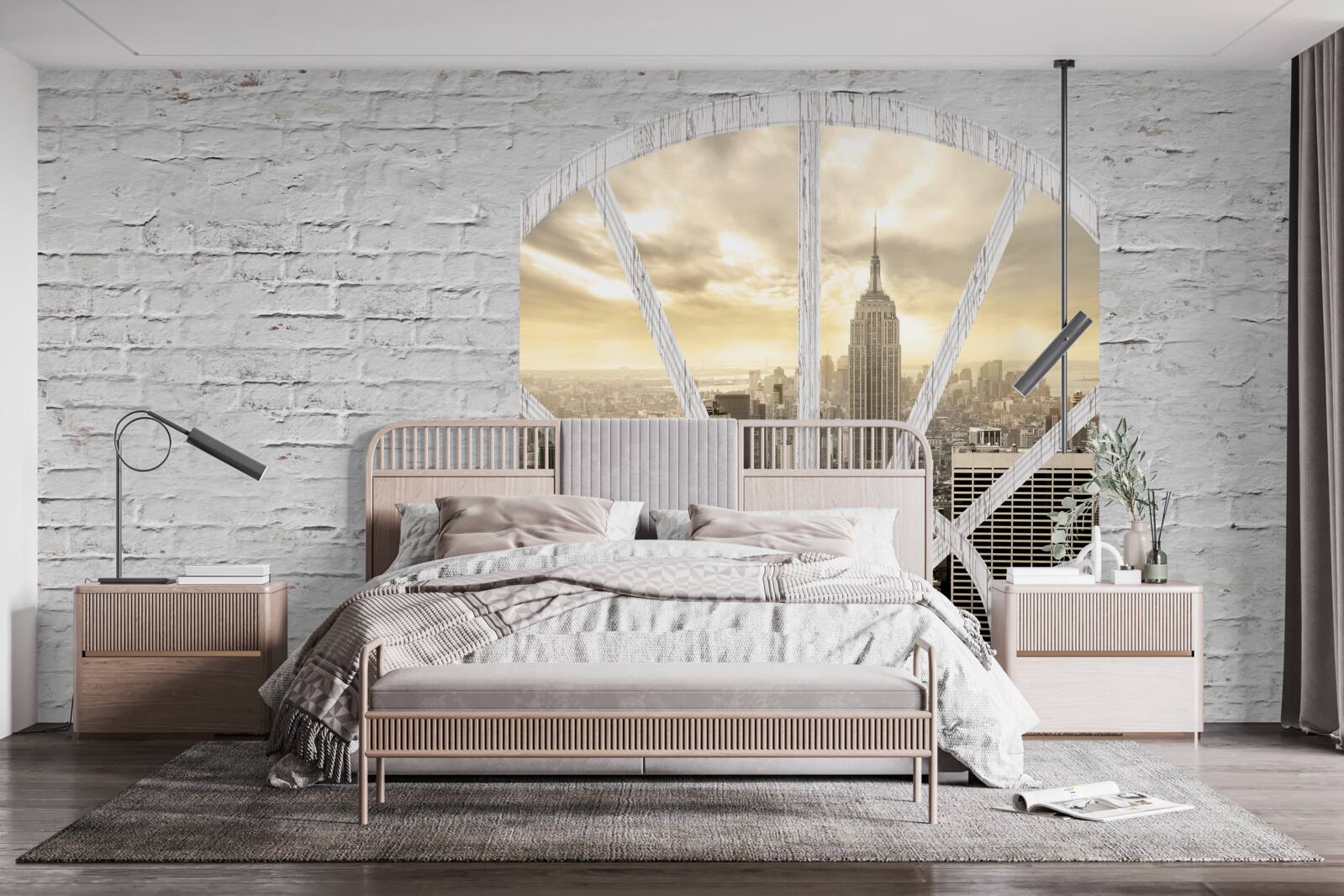 Papier peint une fenêtre panoramique dans un mur de briques offrant une vue sur la ville de new york