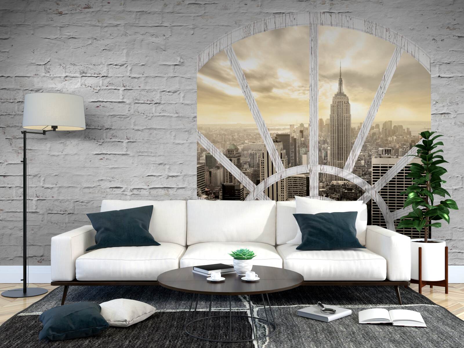 Papier peint une fenêtre panoramique dans un mur de briques offrant une vue sur la ville de new york