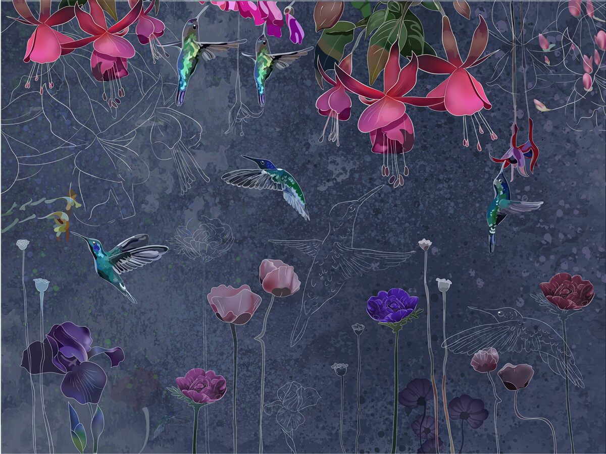 Papier peint fleurs et colibris