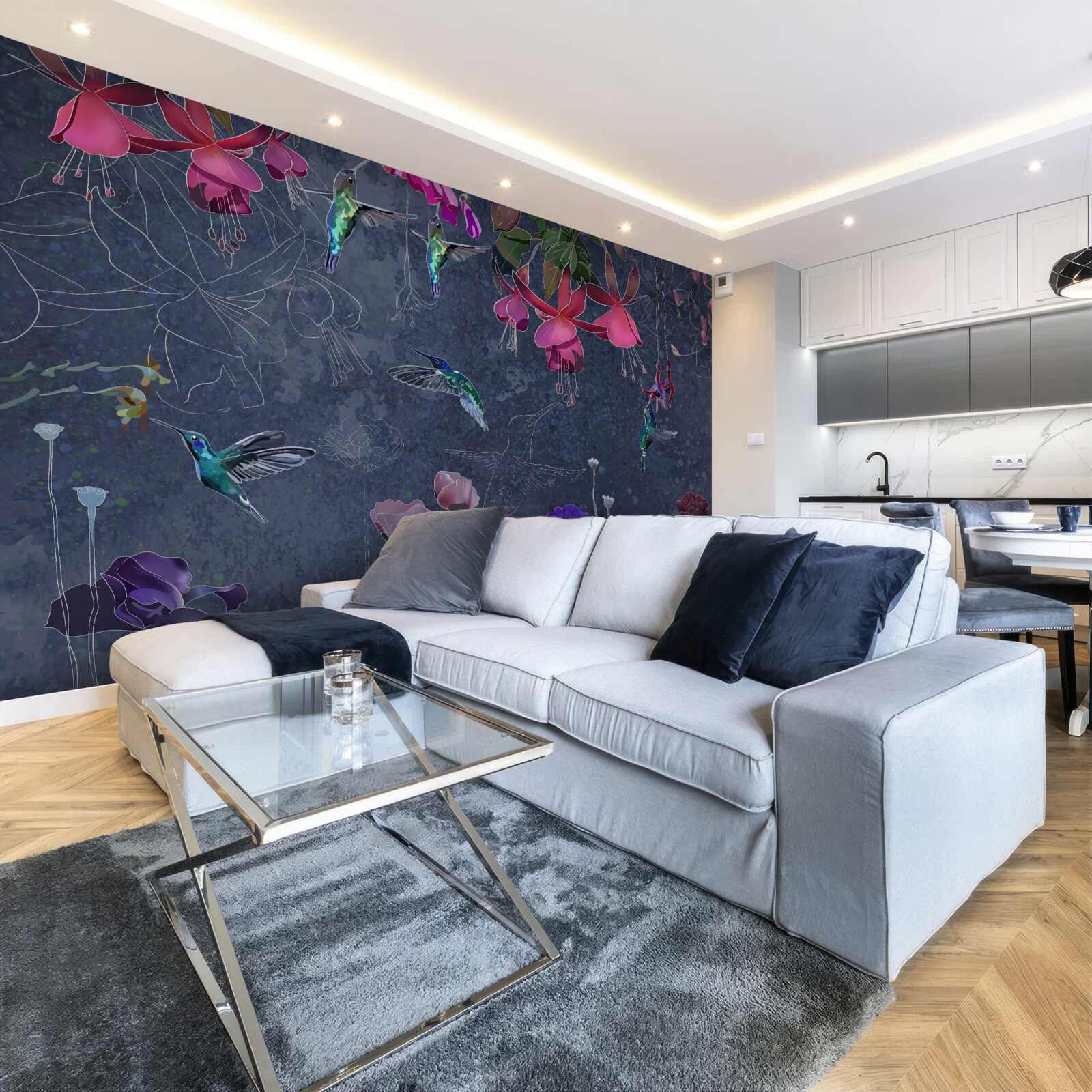 Papier peint fleurs et colibris