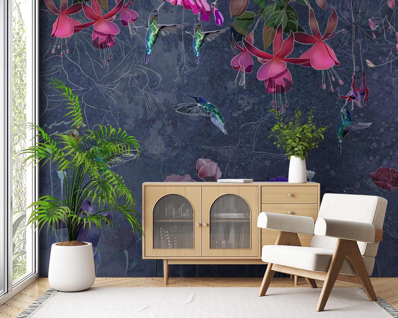 Papier peint fleurs et colibris