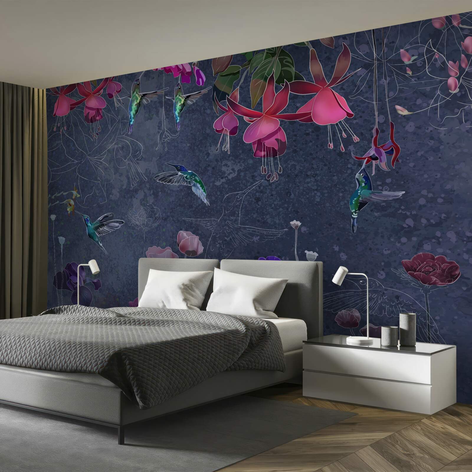 Papier peint fleurs et colibris