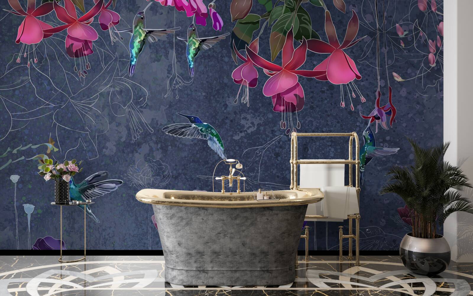 Papier peint fleurs et colibris