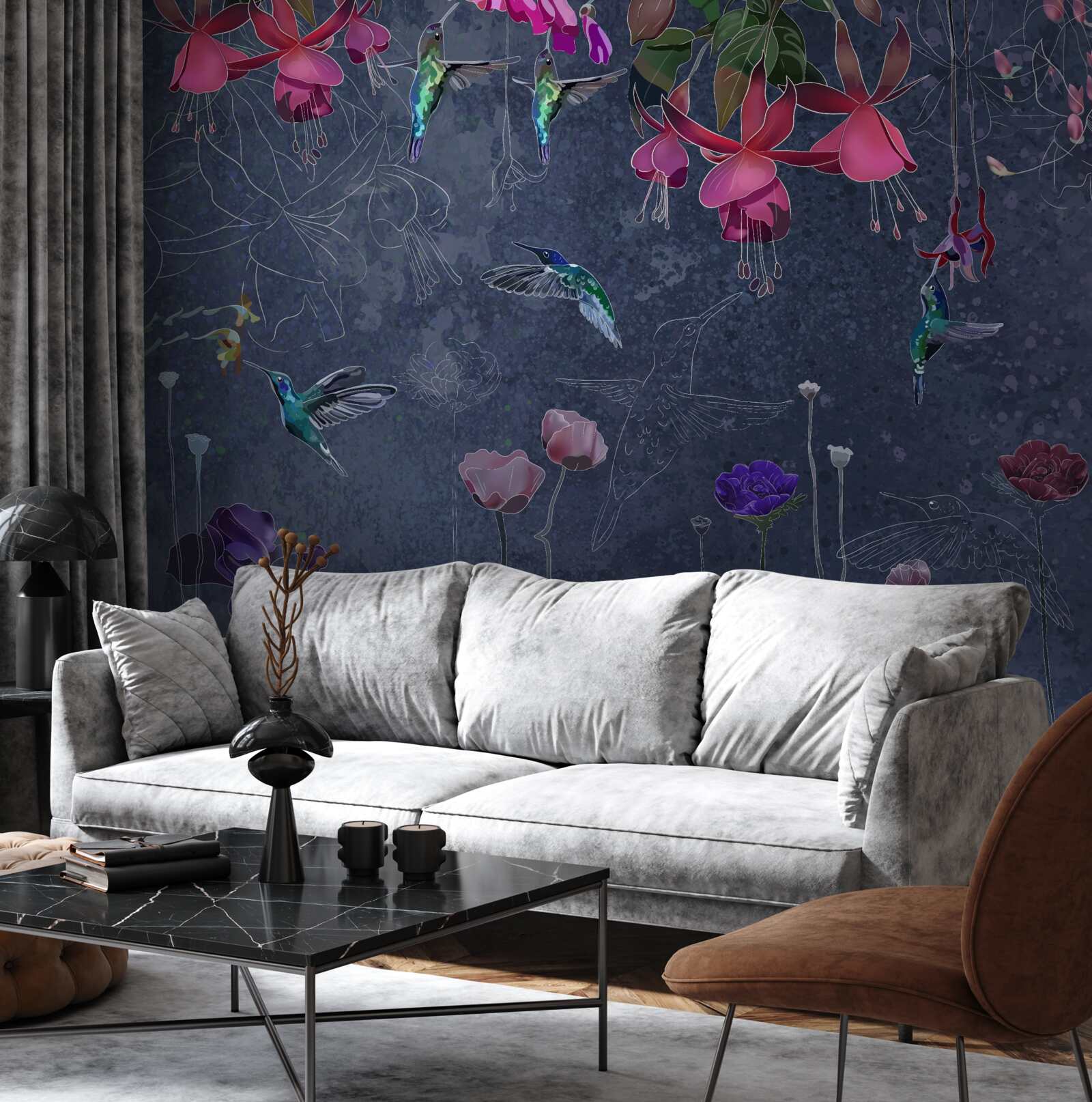 Papier peint fleurs et colibris