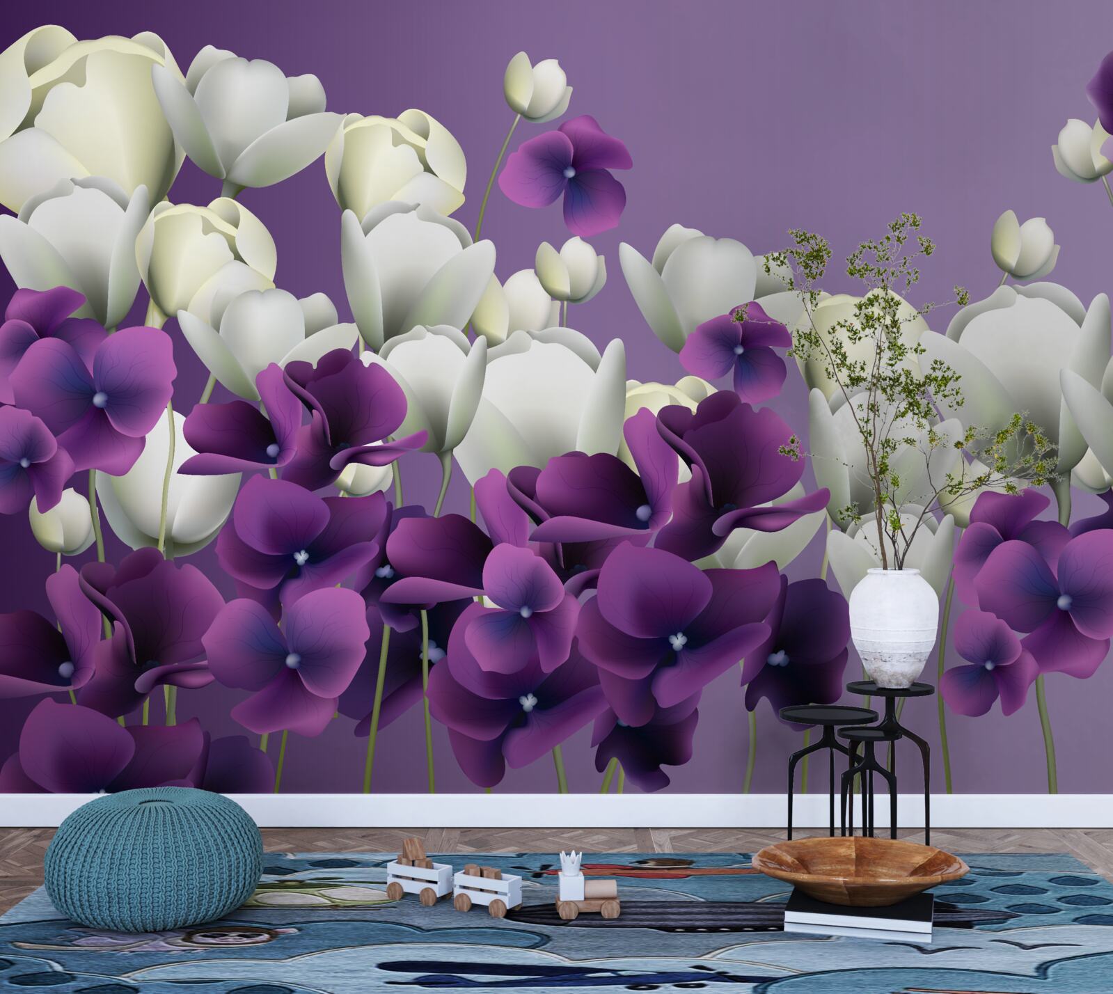 Papier peint fleurs blanches et violettes