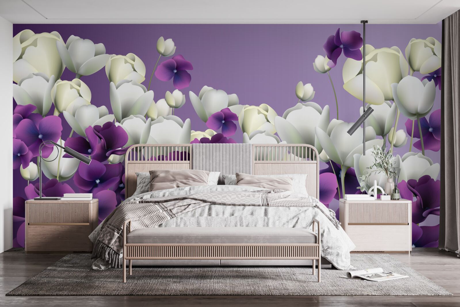 Papier peint fleurs blanches et violettes