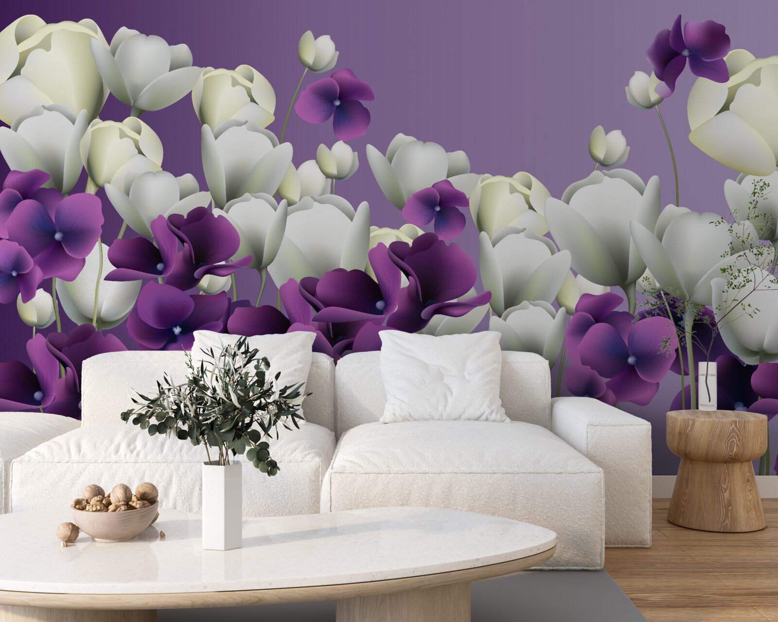 Papier peint fleurs blanches et violettes