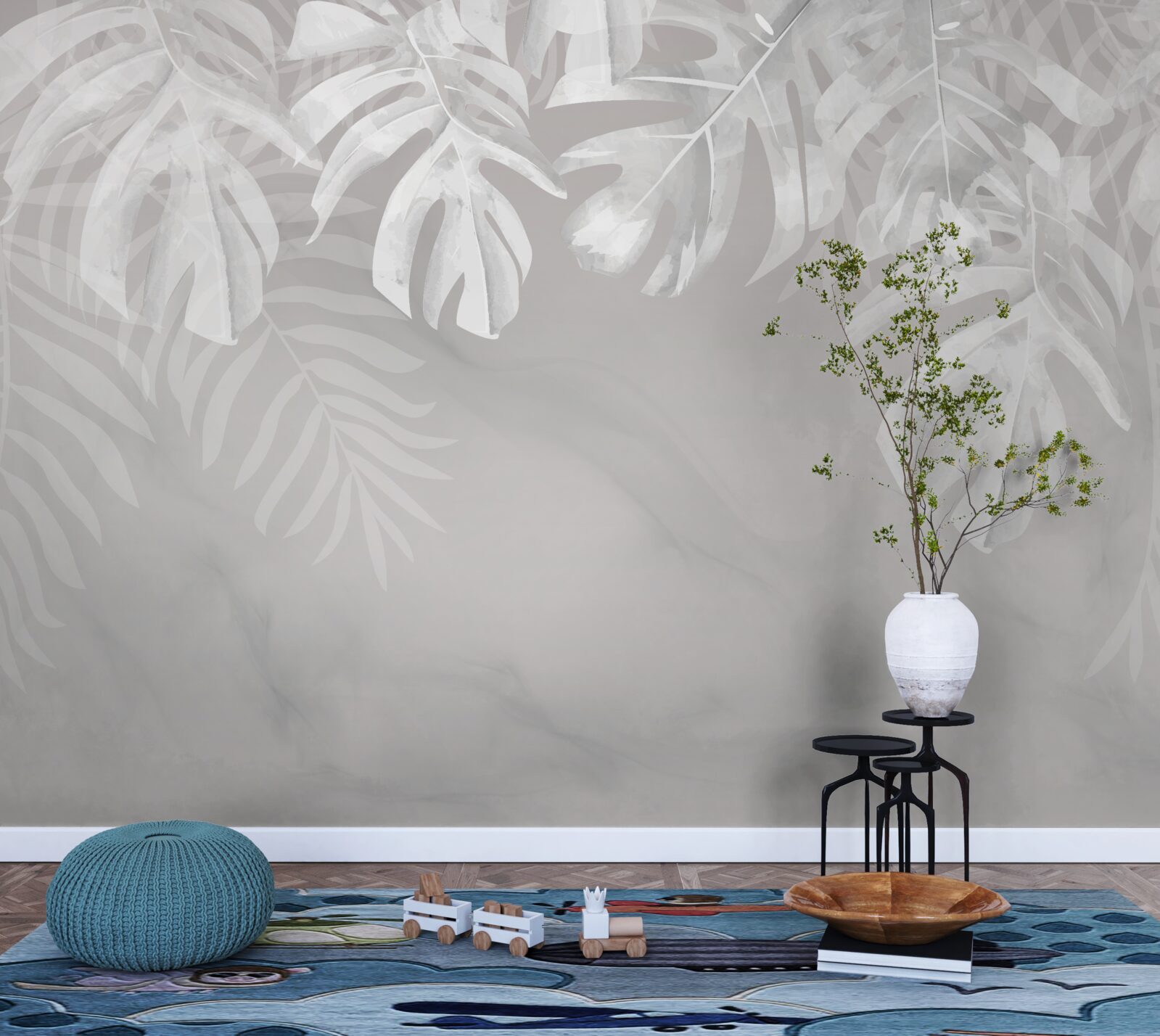 Papier peint monstera avec des feuilles pendantes blanches comme la neige