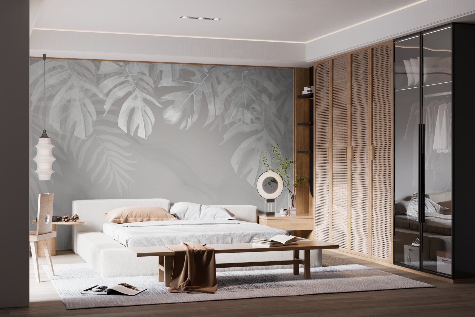 Papier peint monstera avec des feuilles pendantes blanches comme la neige