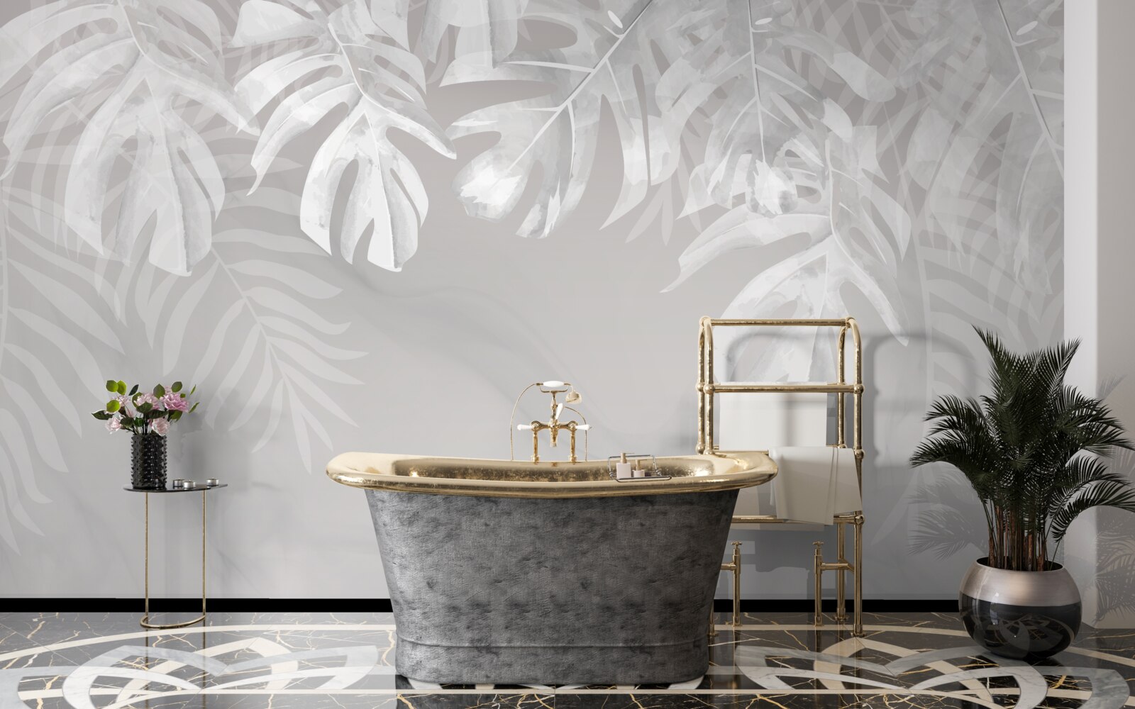 Papier peint monstera avec des feuilles pendantes blanches comme la neige