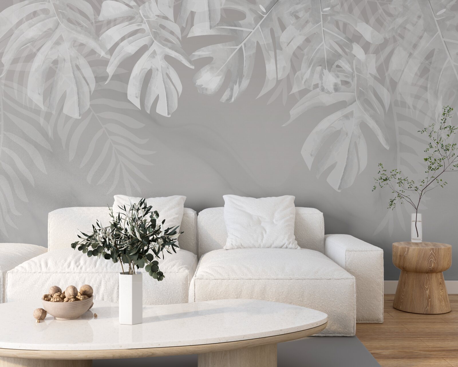 Papier peint monstera avec des feuilles pendantes blanches comme la neige