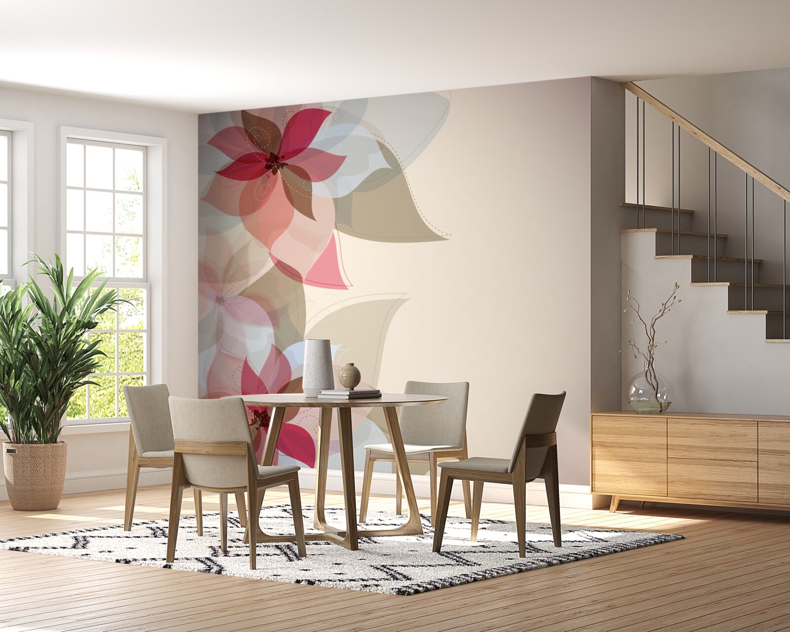 Papier peint peinture abstraite composée de fleurs et de feuilles rouges