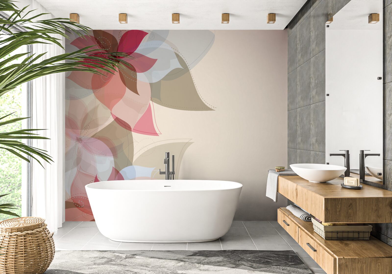 Papier peint peinture abstraite composée de fleurs et de feuilles rouges