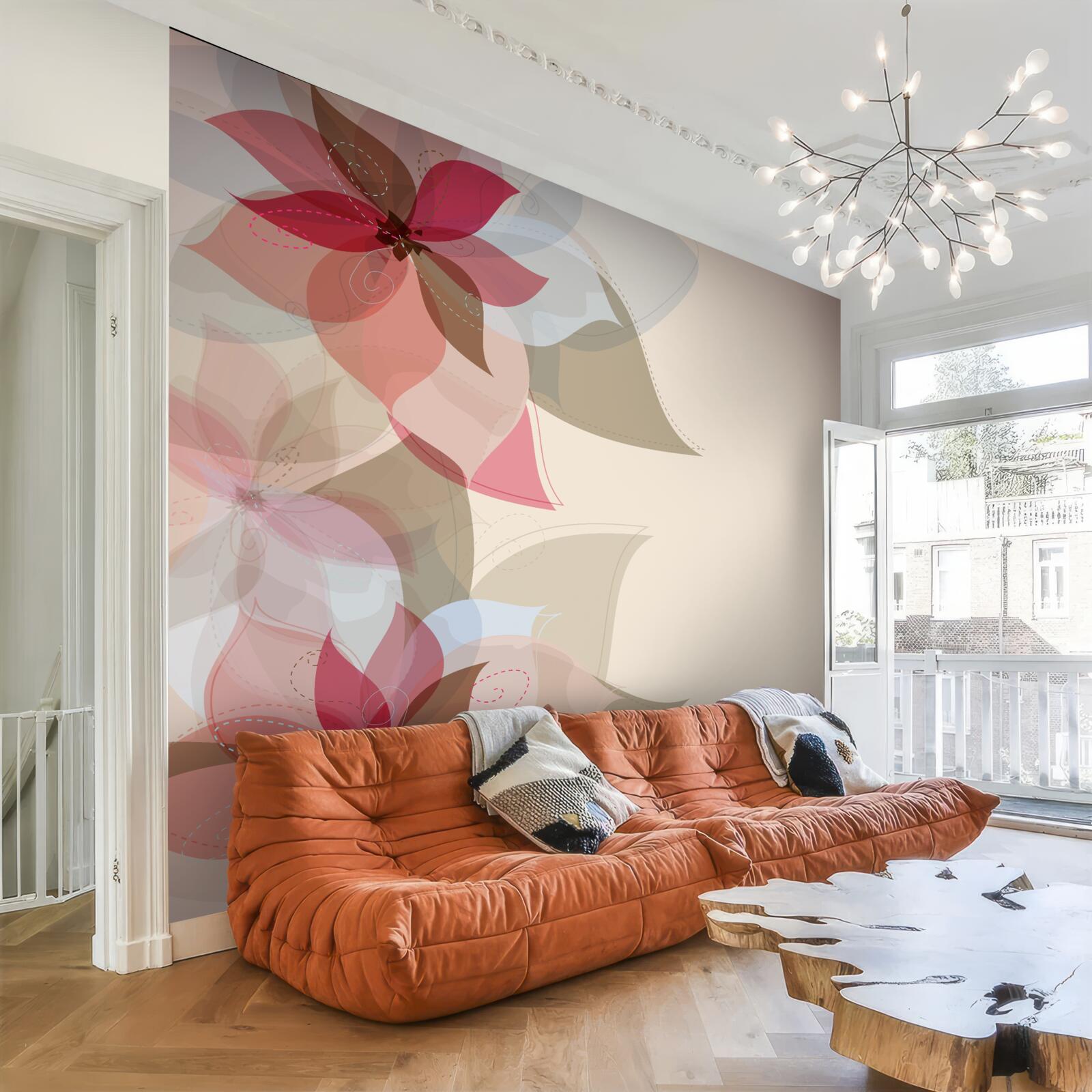 Papier peint peinture abstraite composée de fleurs et de feuilles rouges