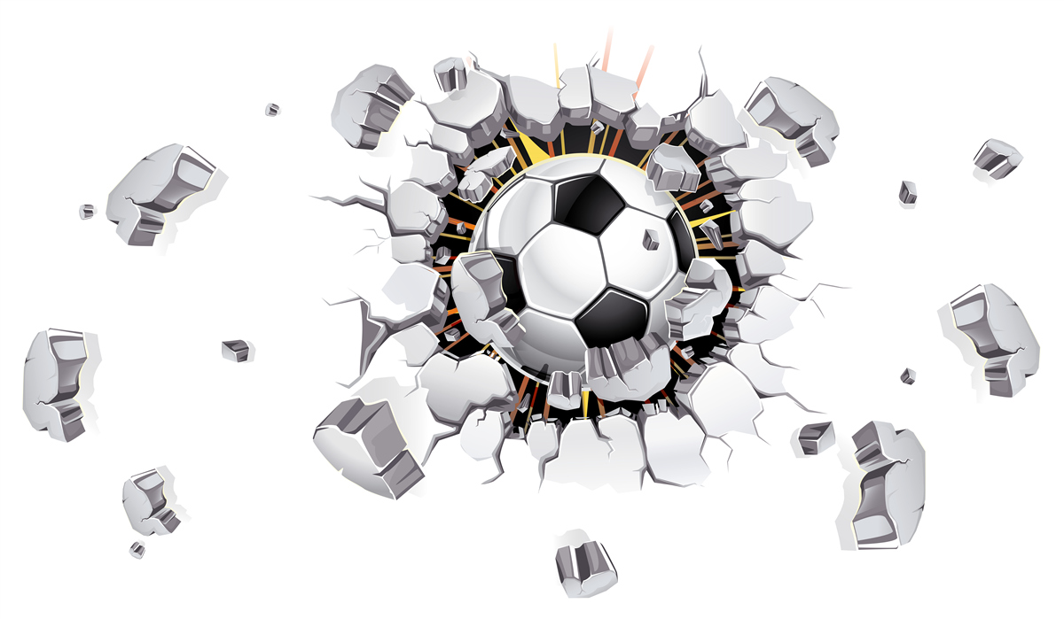 Papier peint Le mur a été percé avec un ballon de football