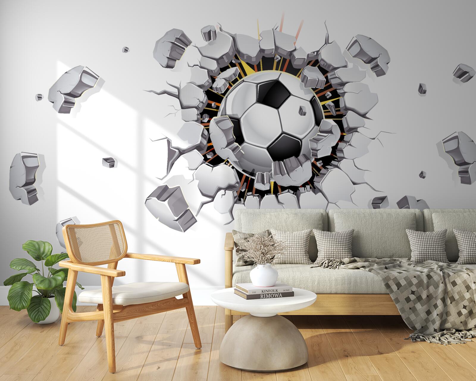 Papier peint Le mur a été percé avec un ballon de football