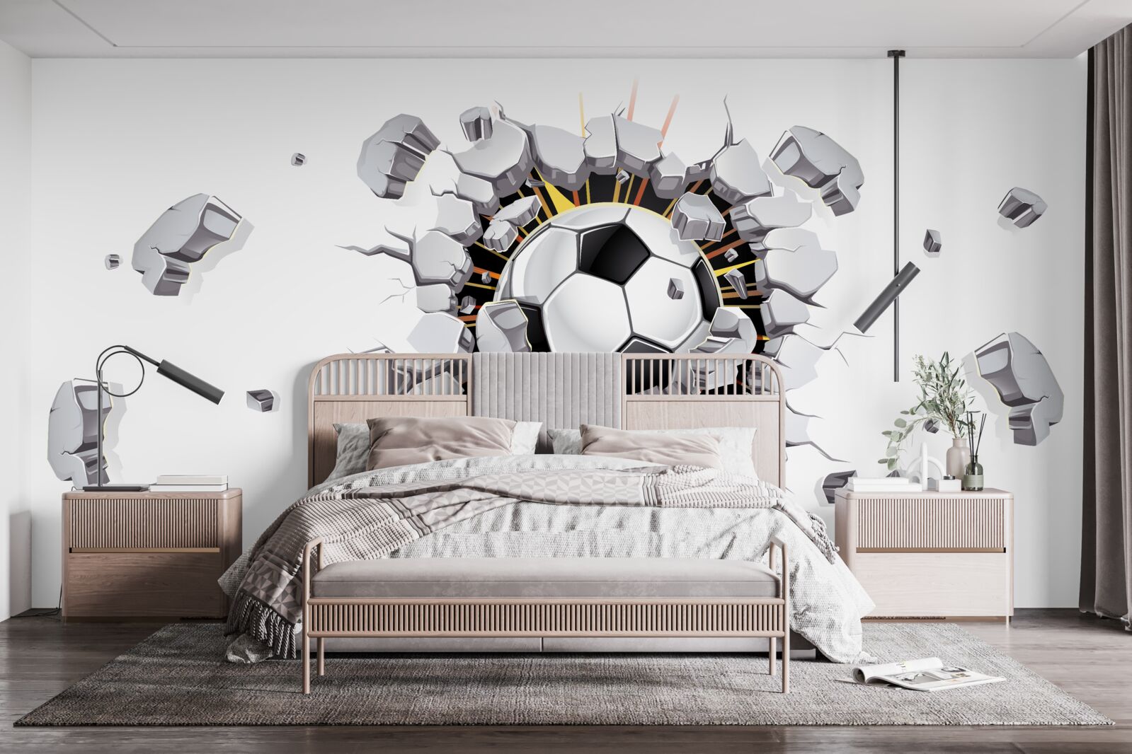 Papier peint Le mur a été percé avec un ballon de football