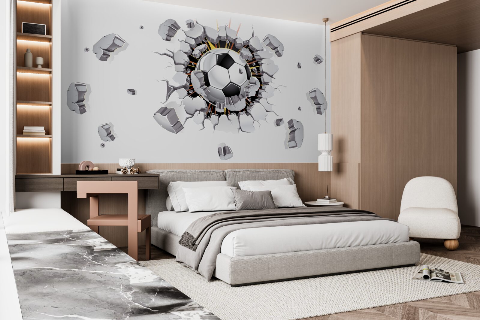 Papier peint Le mur a été percé avec un ballon de football