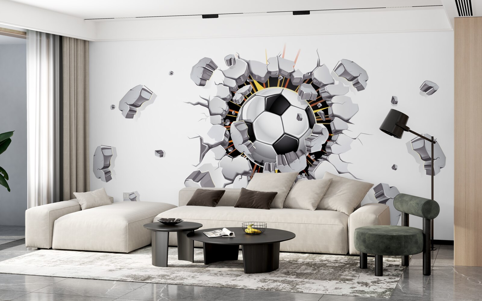 Papier peint Le mur a été percé avec un ballon de football