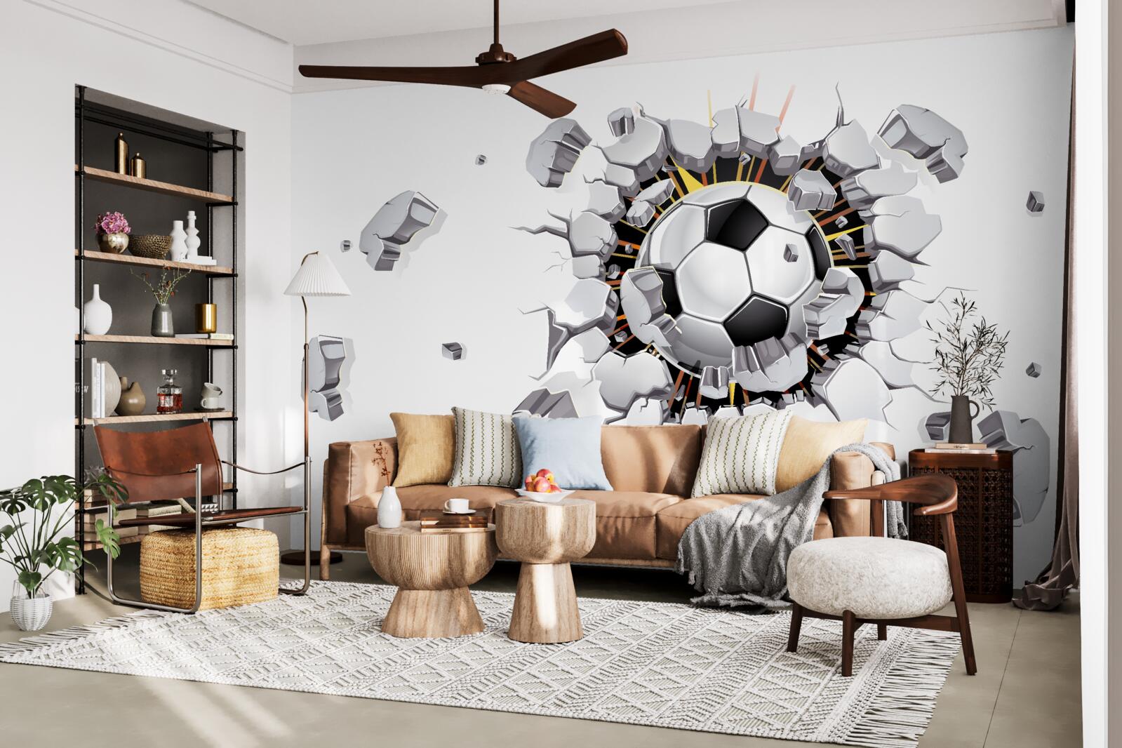 Papier peint Le mur a été percé avec un ballon de football