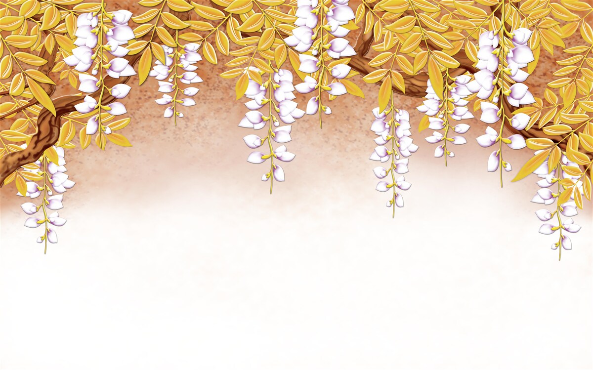 Papier peint reflet de feuilles jaunes et de fleurs blanches