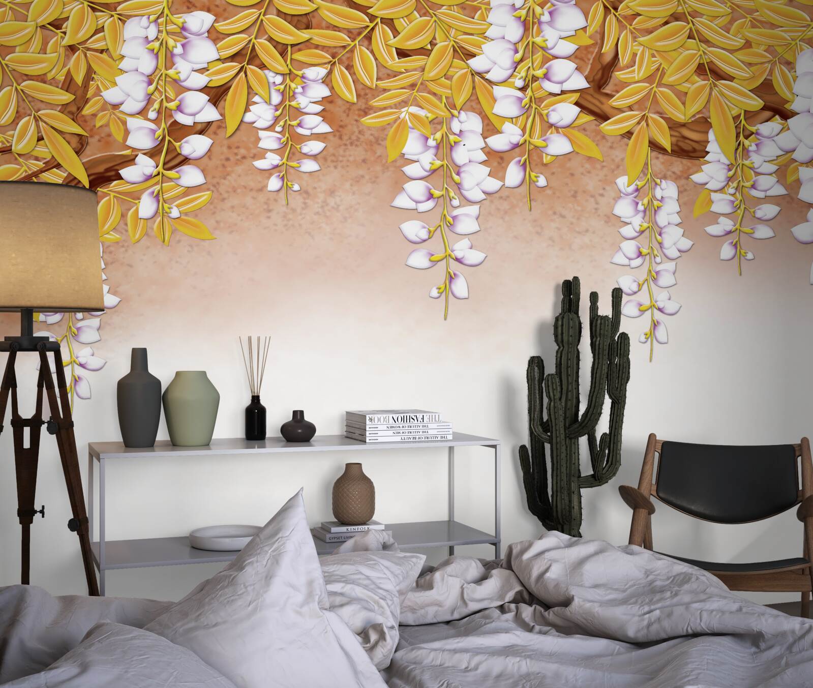 Papier peint reflet de feuilles jaunes et de fleurs blanches