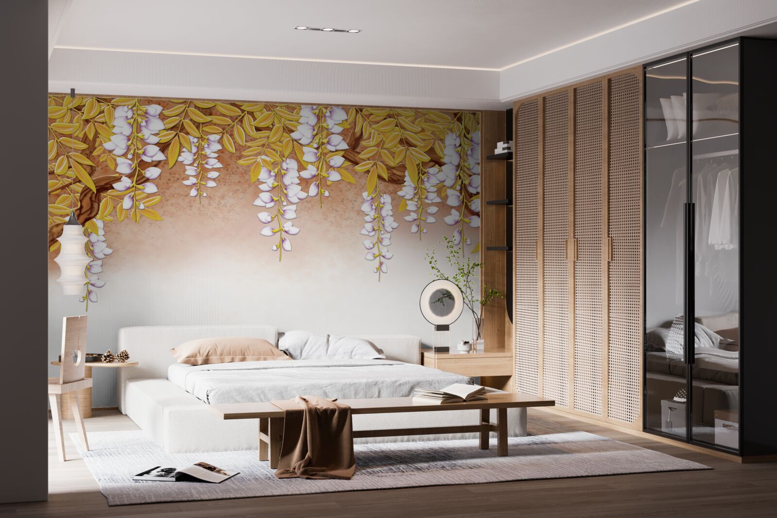 Papier peint reflet de feuilles jaunes et de fleurs blanches