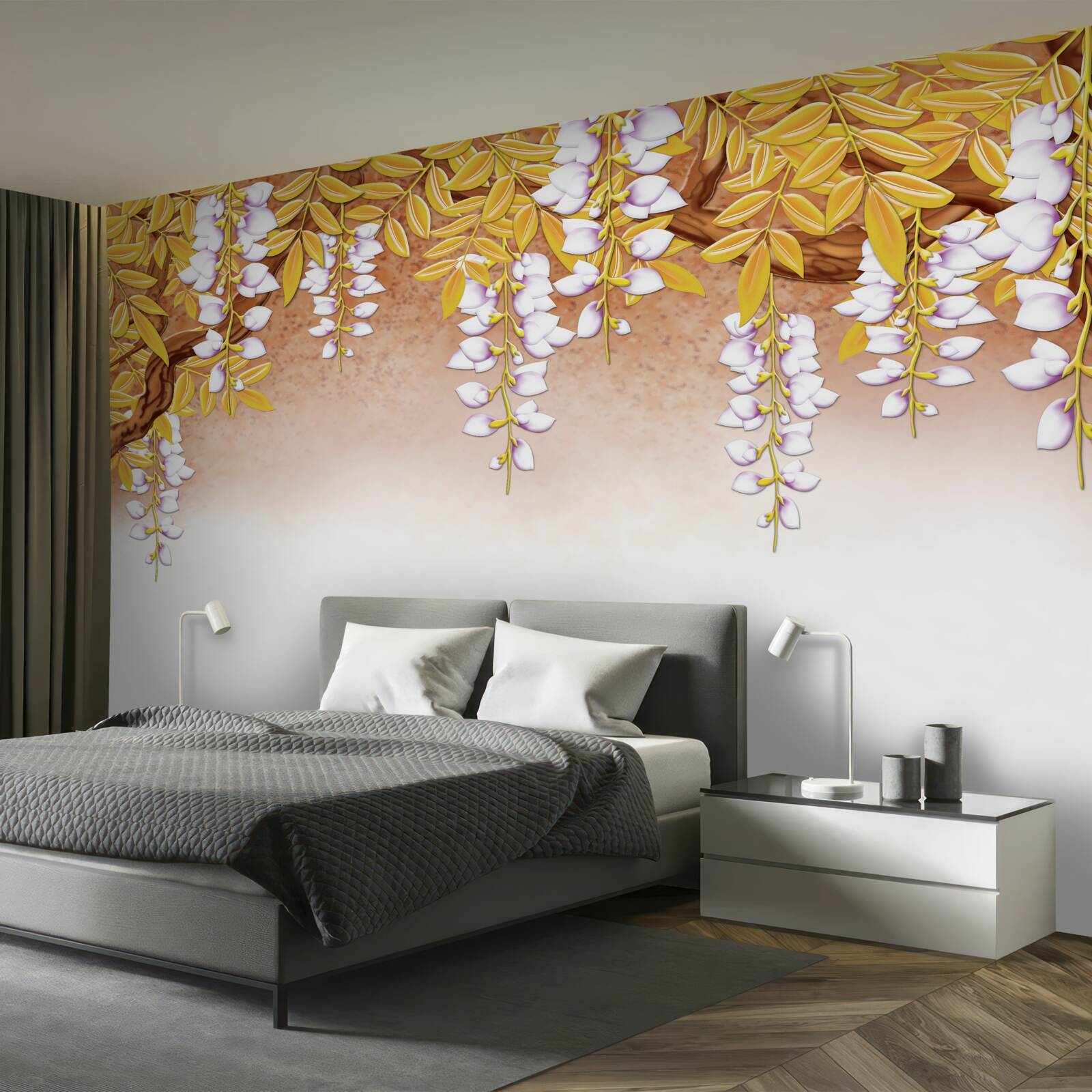 Papier peint reflet de feuilles jaunes et de fleurs blanches