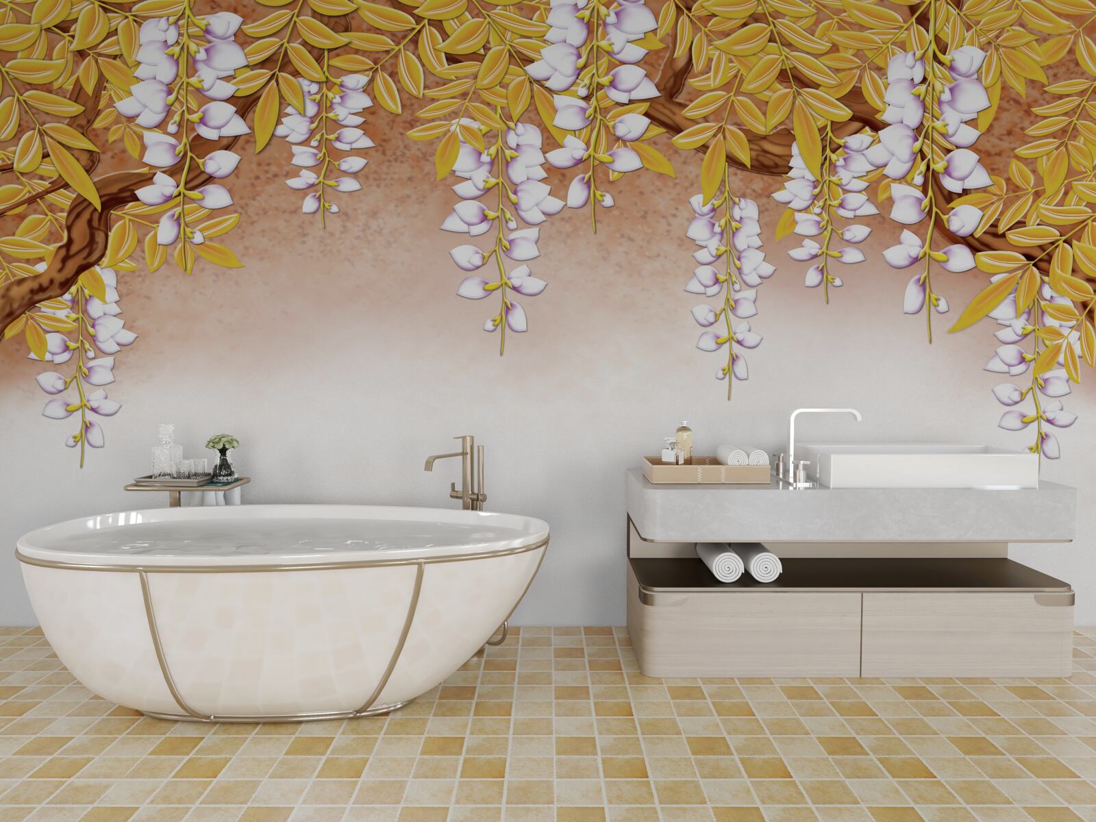 Papier peint reflet de feuilles jaunes et de fleurs blanches