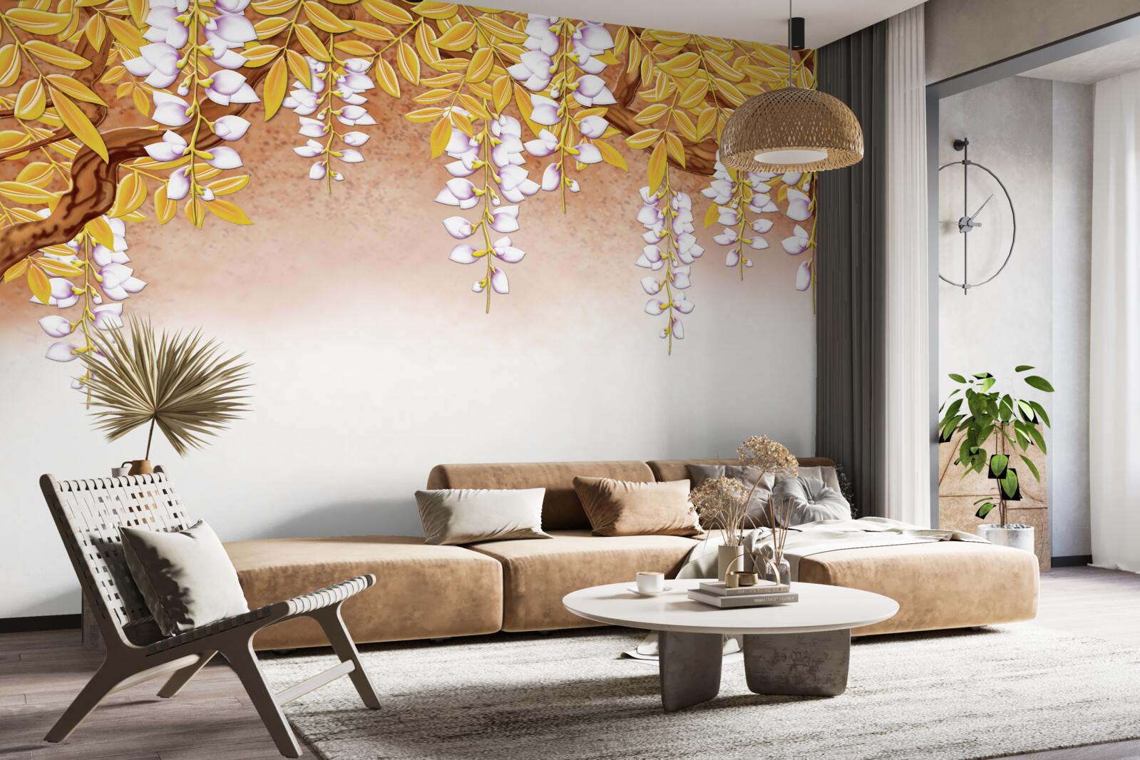 Papier peint reflet de feuilles jaunes et de fleurs blanches