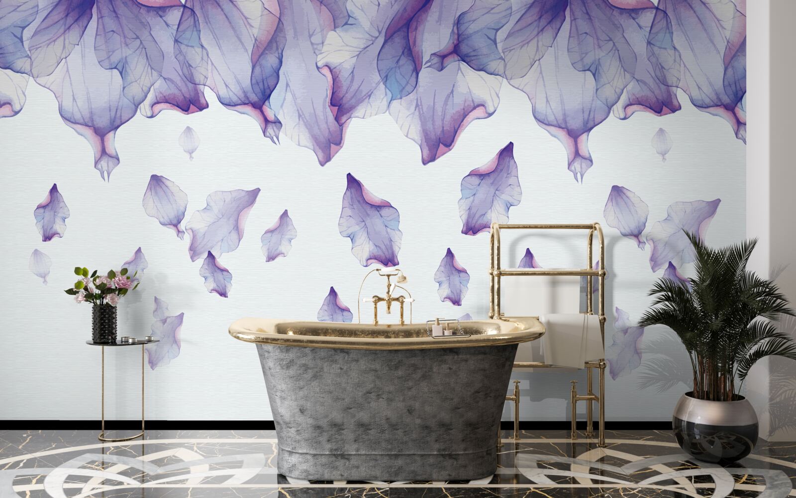 Papier peint fleurs d'iris violettes tombantes