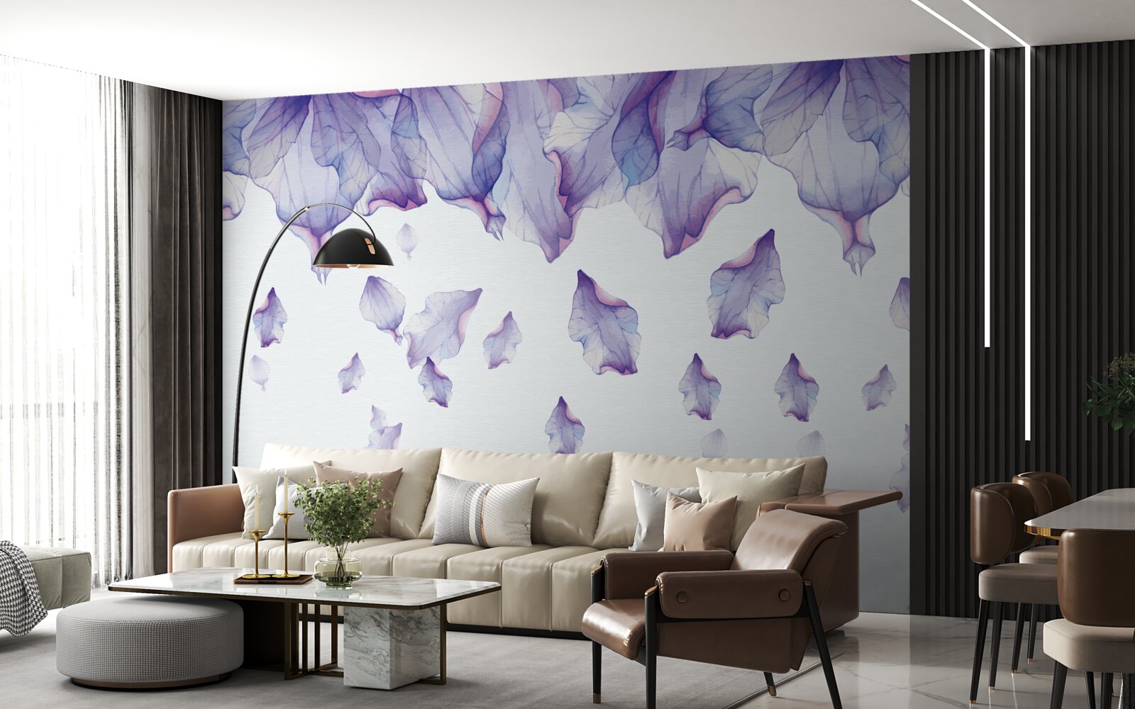 Papier peint fleurs d'iris violettes tombantes