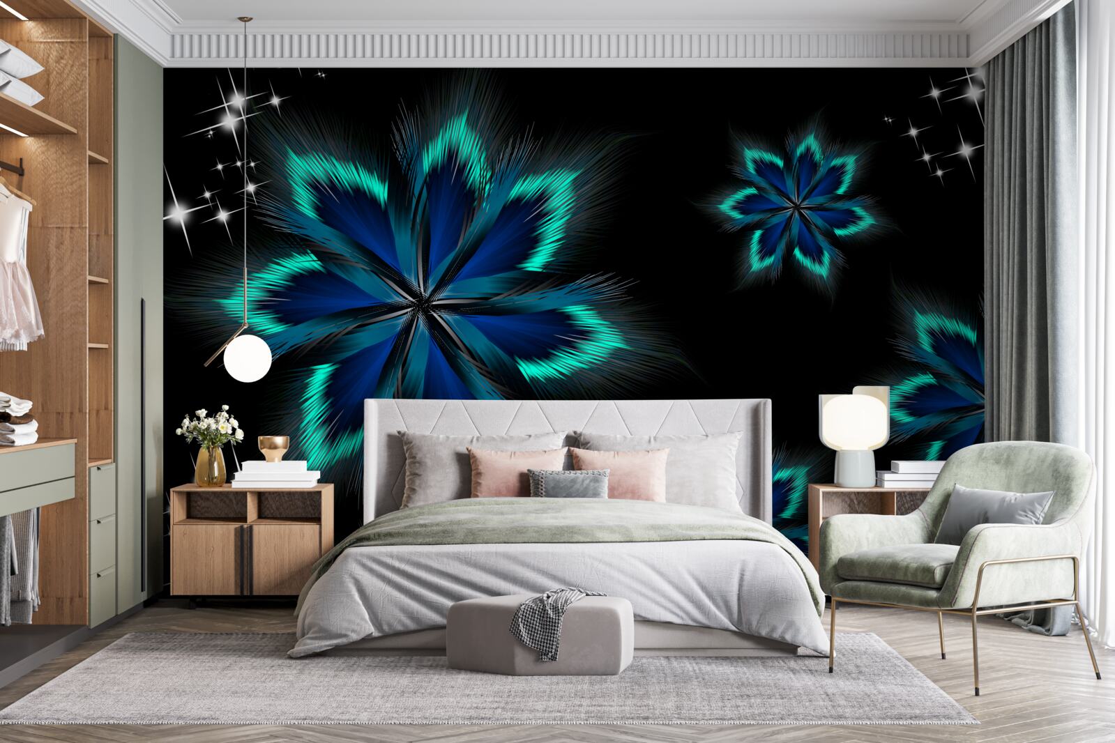 Papier peint lotus avec un bord bleu clair