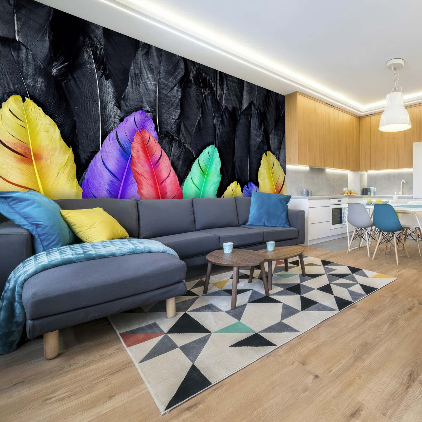 Papier peint fond avec de grandes plumes lumineuses