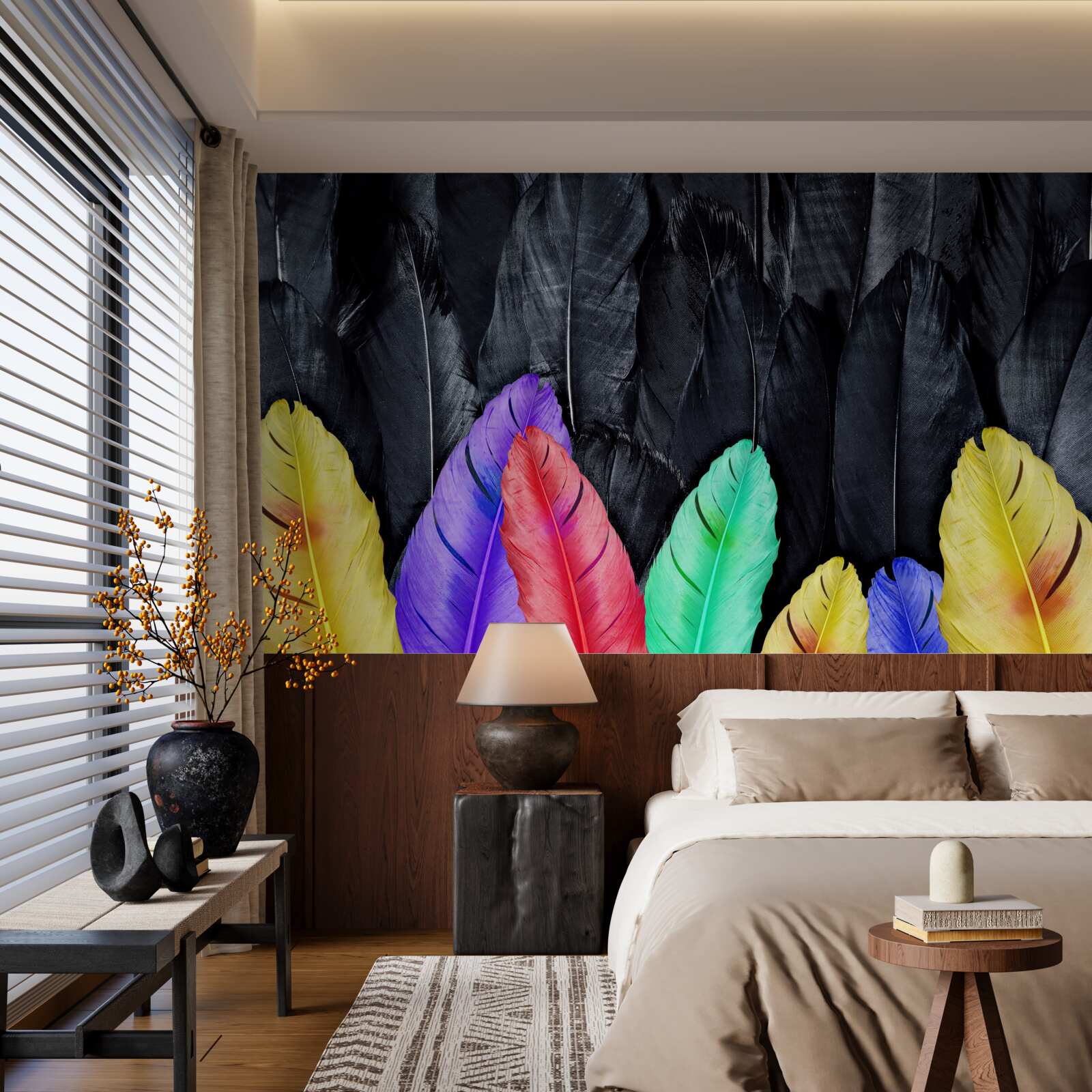 Papier peint fond avec de grandes plumes lumineuses