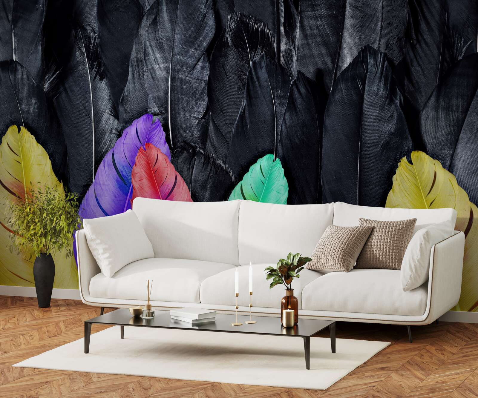 Papier peint fond avec de grandes plumes lumineuses