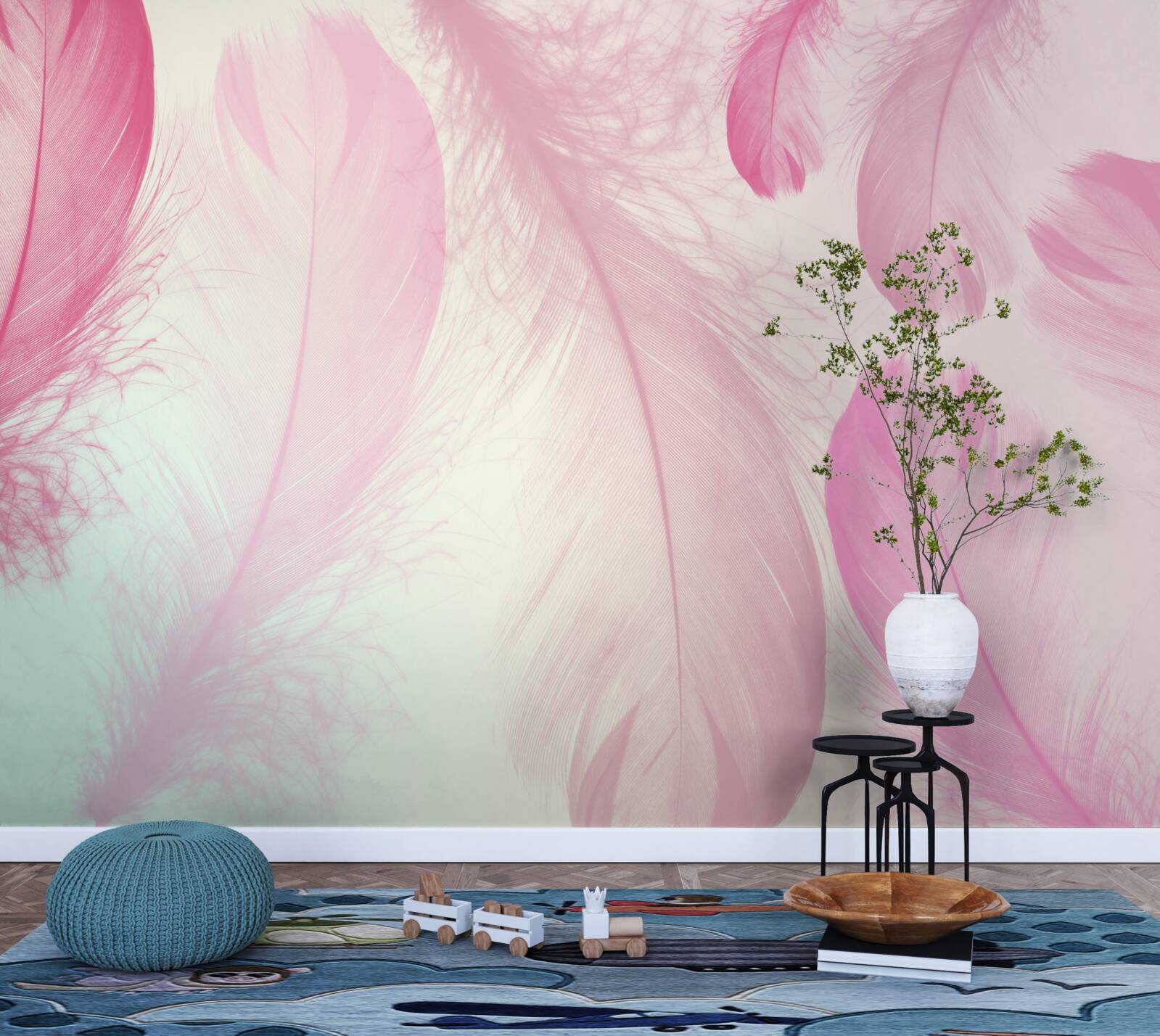 Papier peint grandes plumes avec une délicate teinte rose