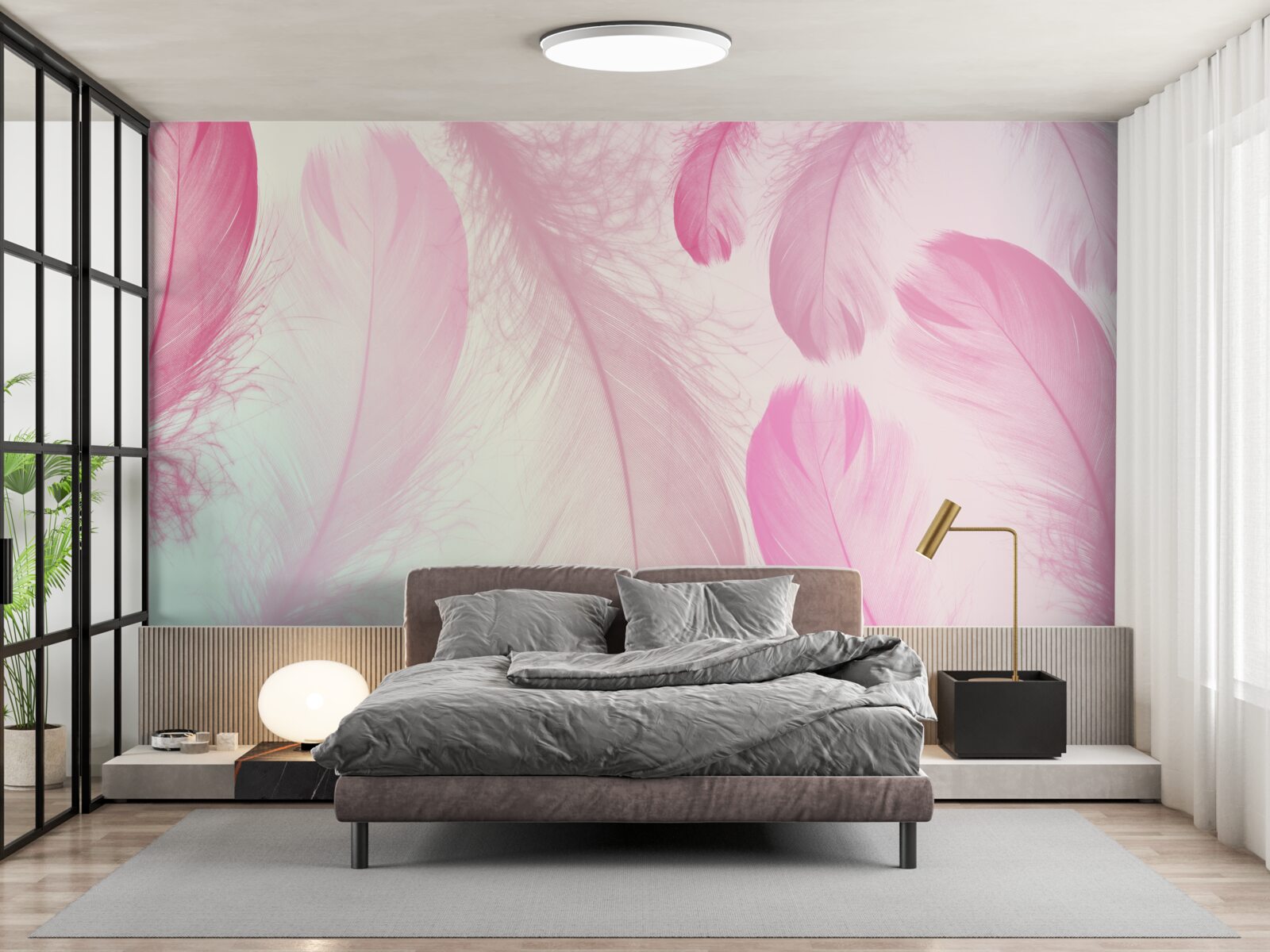 Papier peint grandes plumes avec une délicate teinte rose