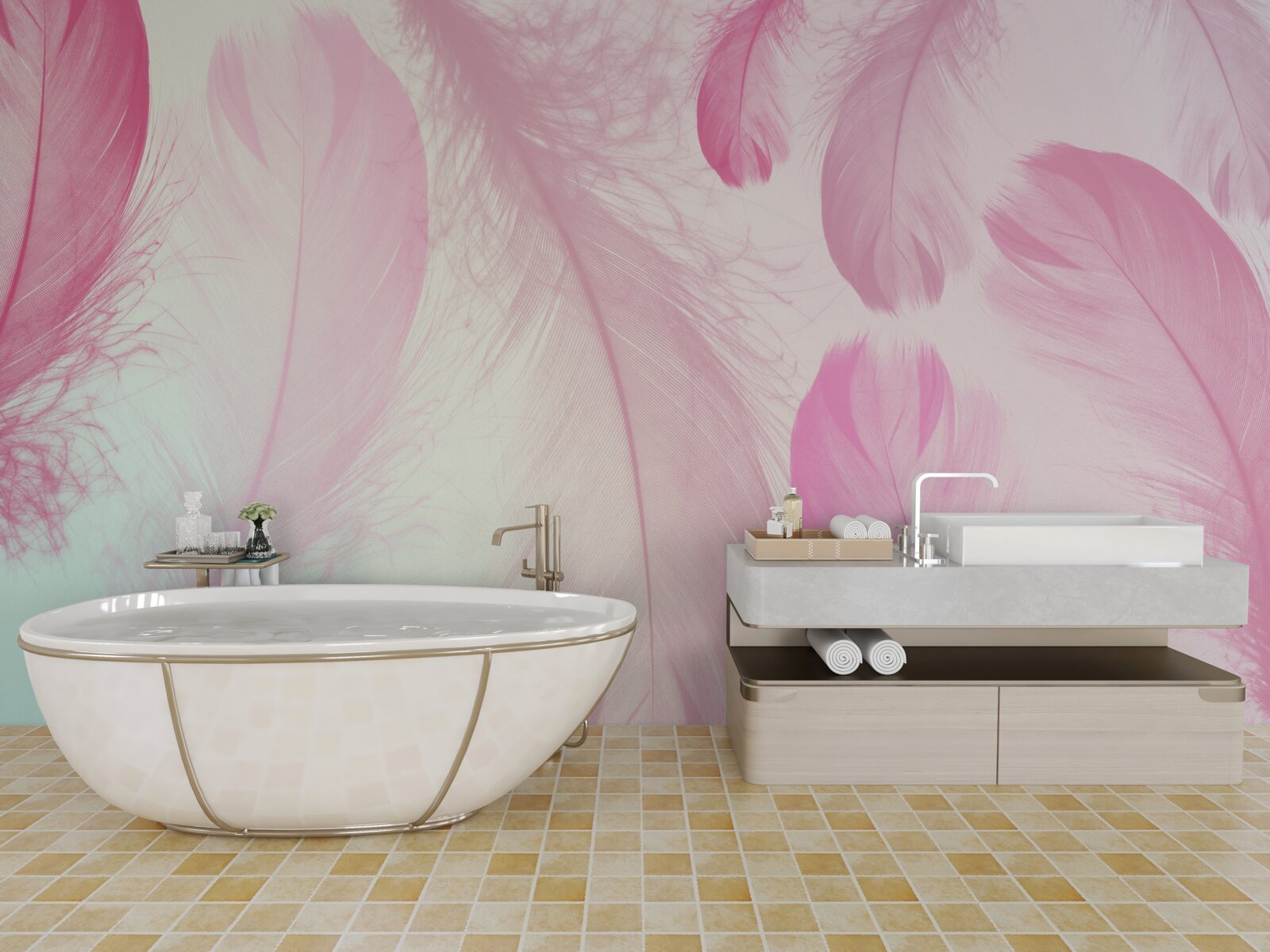 Papier peint grandes plumes avec une délicate teinte rose