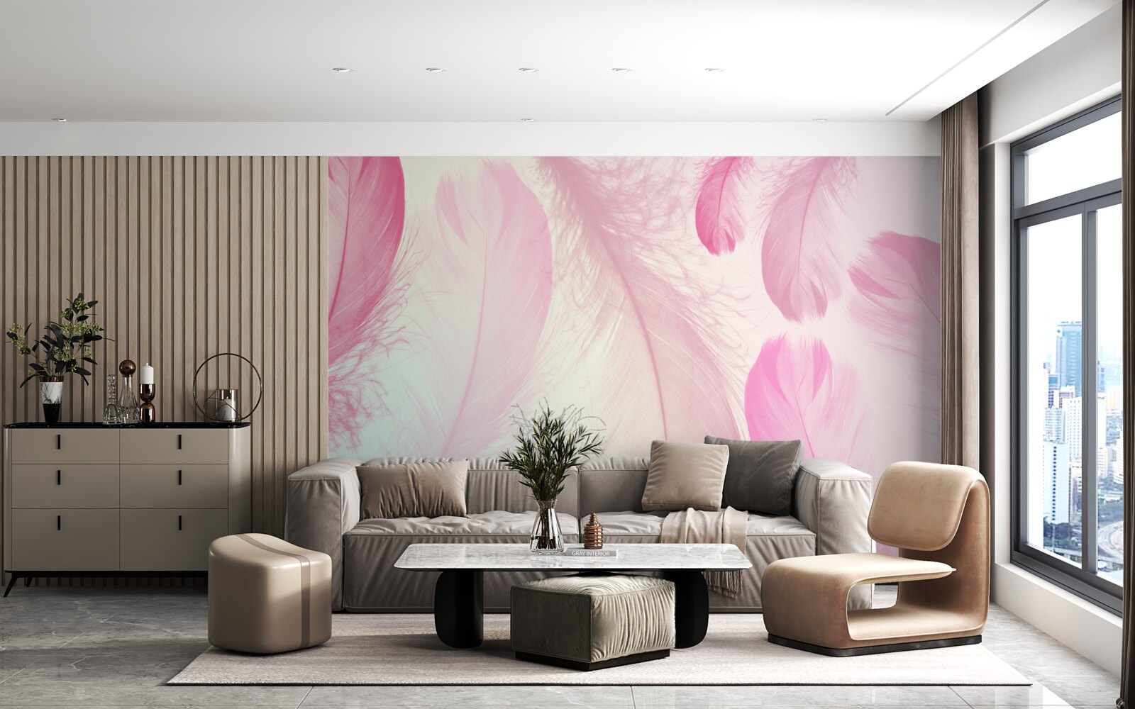 Papier peint grandes plumes avec une délicate teinte rose