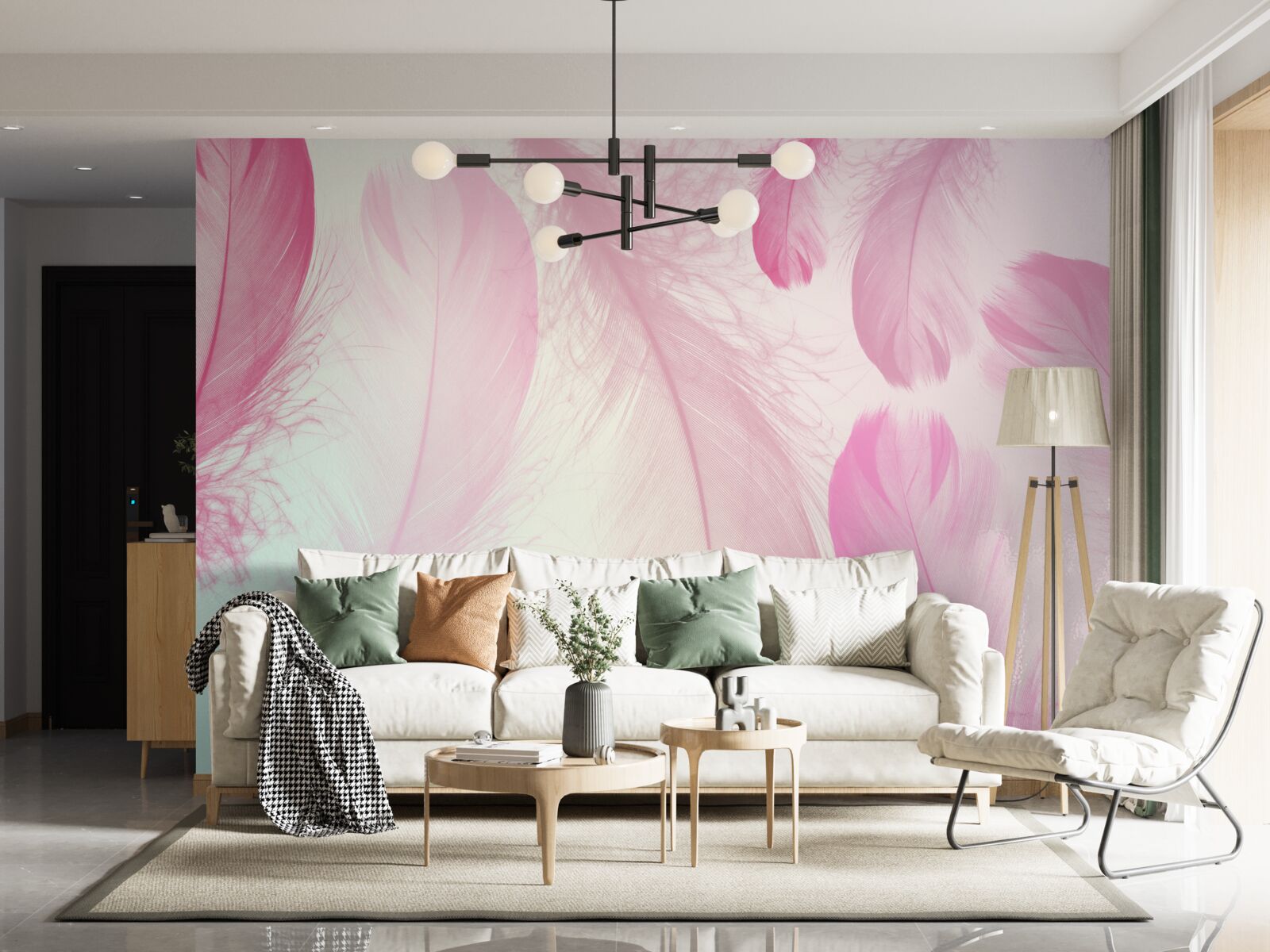 Papier peint grandes plumes avec une délicate teinte rose