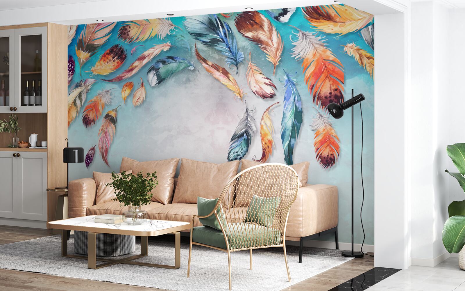 Papier peint plumes duveteuses multicolores et brillantes