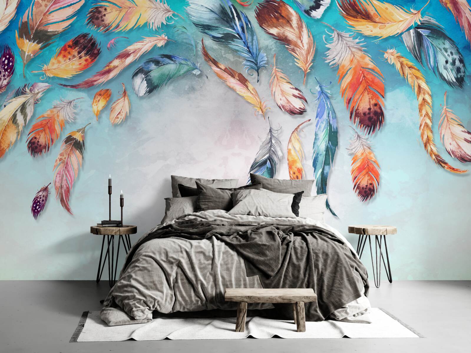 Papier peint plumes duveteuses multicolores et brillantes