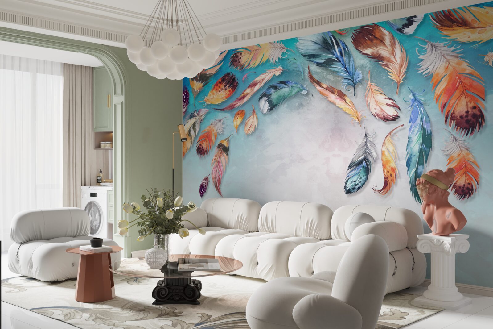 Papier peint plumes duveteuses multicolores et brillantes