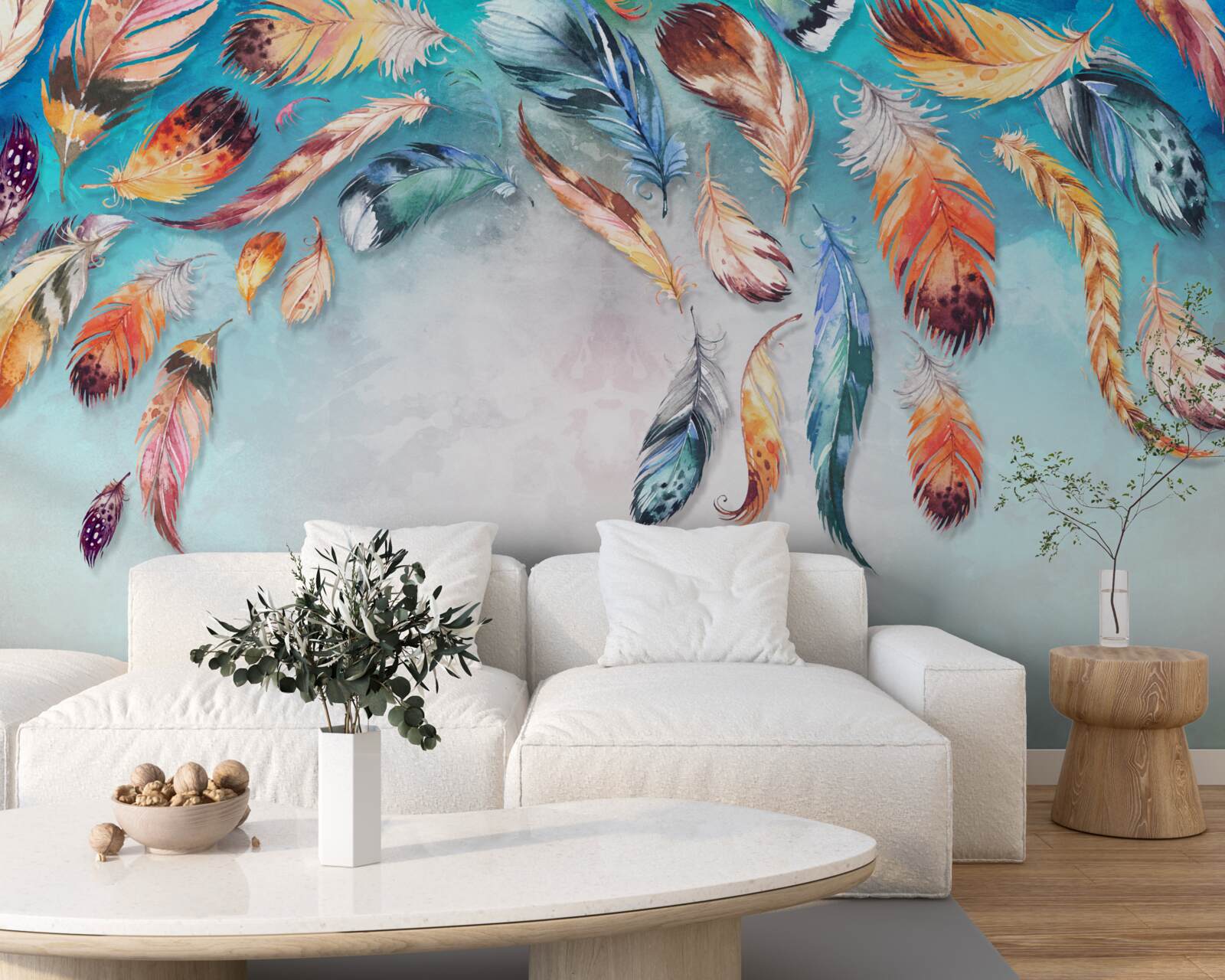 Papier peint plumes duveteuses multicolores et brillantes