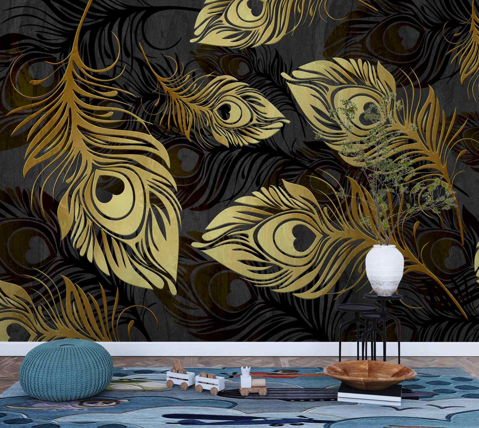 Papier peint plumes d'or brillantes