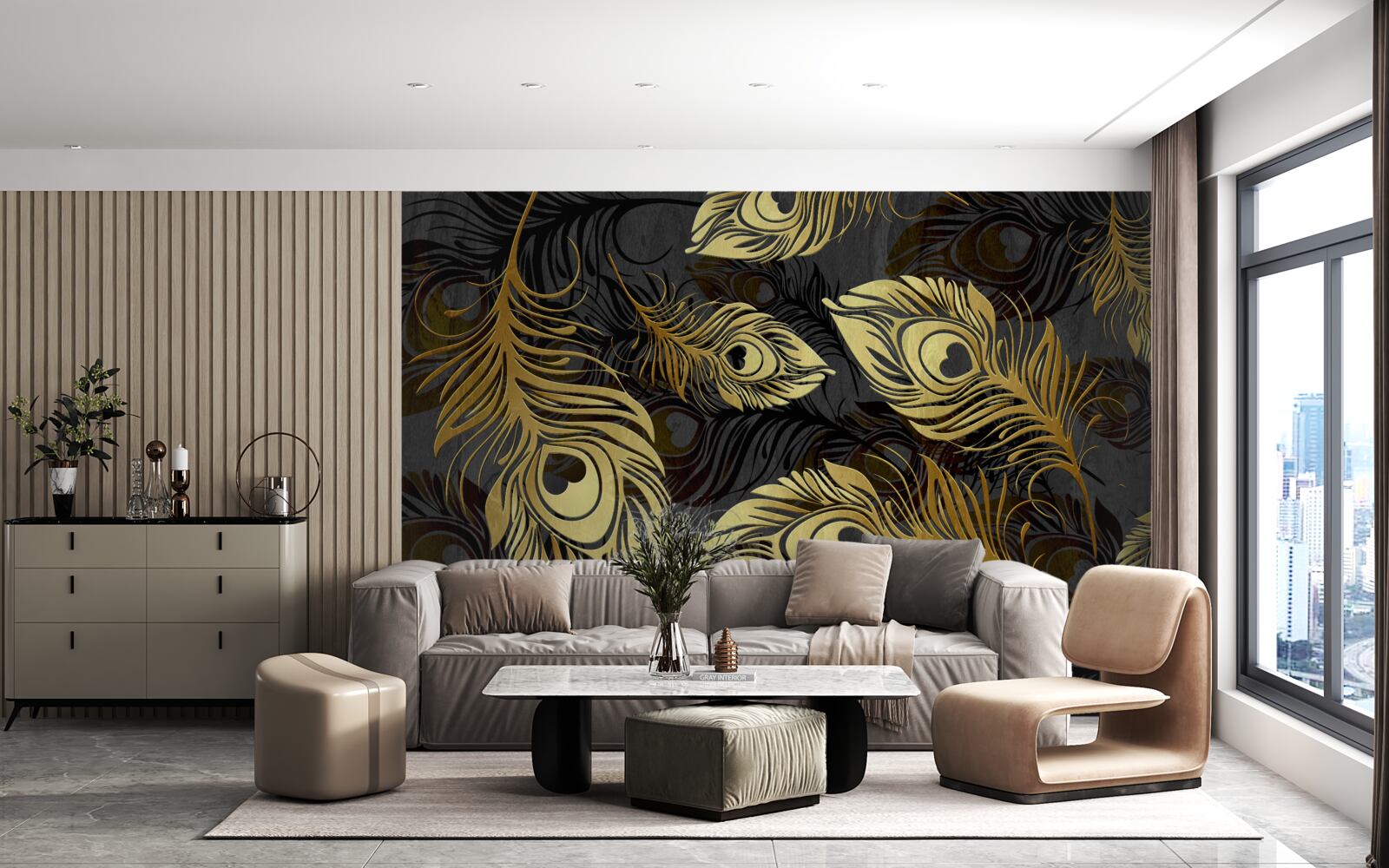 Papier peint plumes d'or brillantes