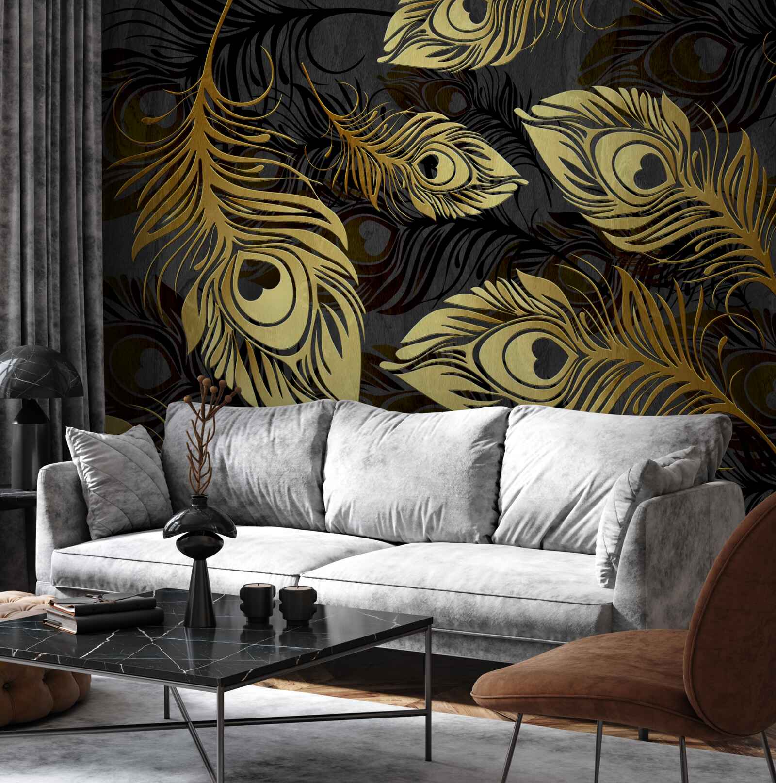 Papier peint plumes d'or brillantes